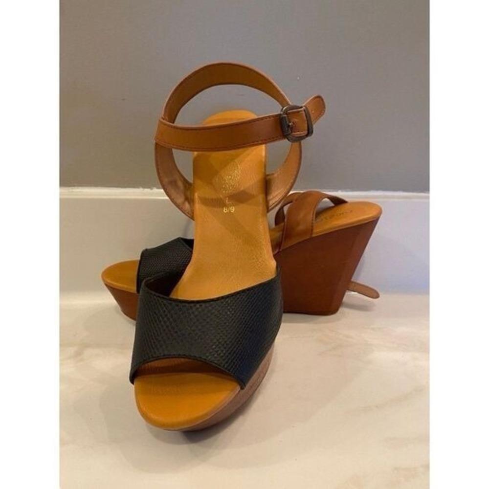 Rue 21 Retro 70s Style Platform Wedge Heels Black Brown Sandals Size L 8/9